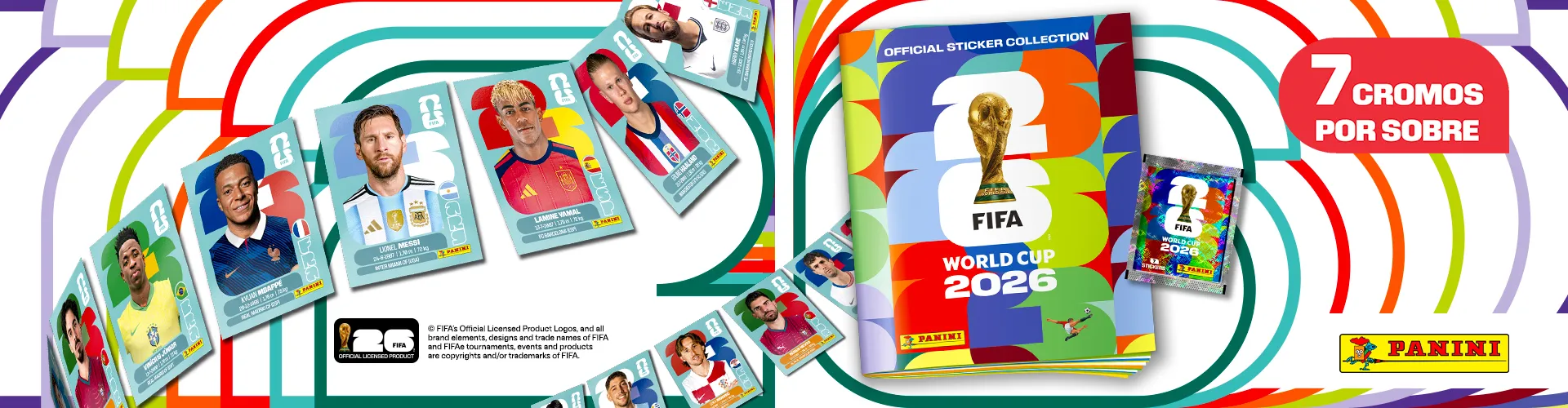 Figuritas de Messi, Mbappé, Lamine Yamal, Haaland y Kane junto al álbum oficial Panini Mundial 2026
